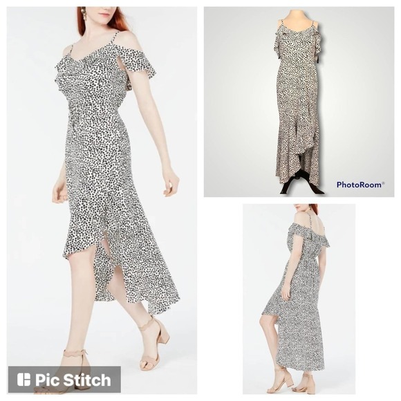 Bcx Ruffle Maxi Dress White Black Dots Off Shoulder Asymmetrical Juniors Size XS - Picture 1 of 12